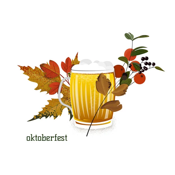 Banner zum Oktoberfest mit Herbstlaub und Bierkrug. — Stockvektor