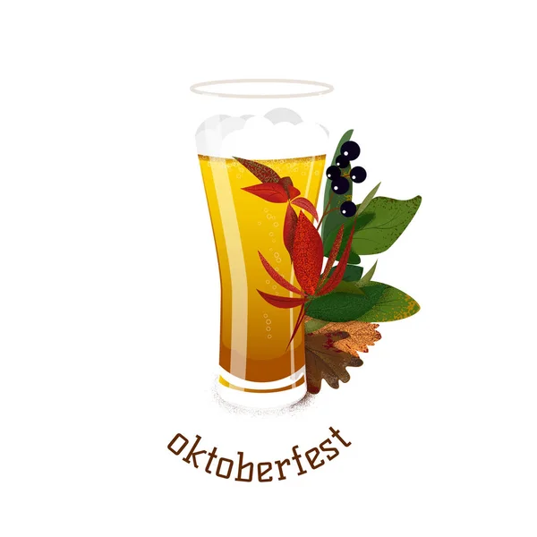 Banner for Octoberfest with autumn leaves and glass of beer. — Stock Vector