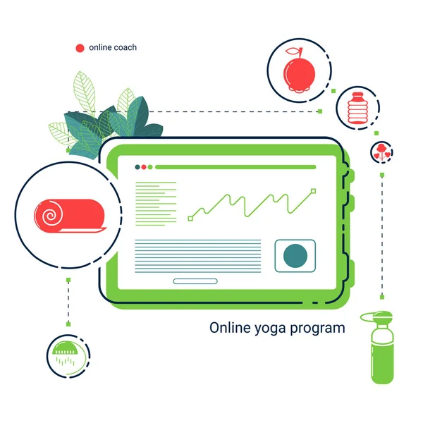 Tableta con aplicación de plan de yoga en línea, hojas e iconos planos de estilo de vida saludable. Diseño móvil web . Gráficos Vectoriales