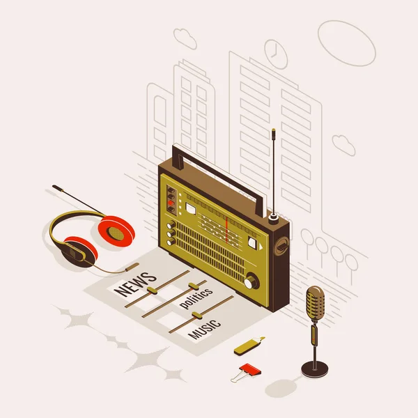 Plantilla plana isométrica de programa de radio o educativo con micrófono, radio y auriculares . — Vector de stock