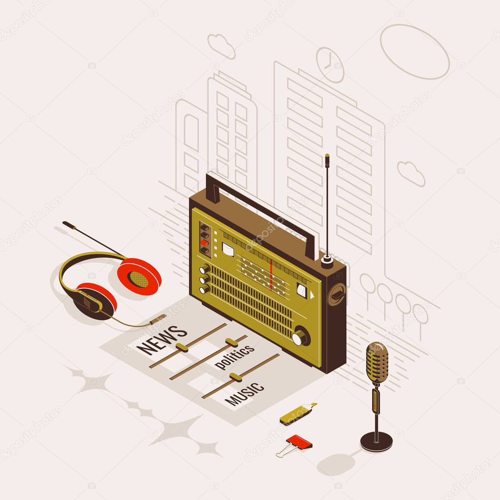 Radio show or educational program isometric flat template with microphone, radio and headphones.