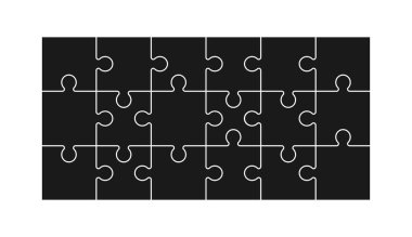 Siyah geometrik yapboz parçaları, çizgiler ve şekillerden oluşan çocuklar bulmaca oyunu, beyaz arkaplanda yapboz çizimi, kart tasarımı, davetiye, duvar kağıdı, poster