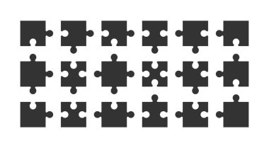 Siyah geometrik yapboz parçaları, çizgiler ve şekillerden oluşan çocuklar bulmaca oyunu, beyaz arkaplanda yapboz çizimi, kart tasarımı, davetiye, duvar kağıdı, poster