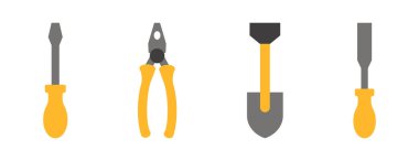 Renk araçları ve Enstrüman çizgi simgesi, hizmet simgesi simgesi tornavida, testere, çekiç, balta, cetvel, anahtar, vektör soyut siluet geometrik mühendislik ve Üretim gibi yapı aracı