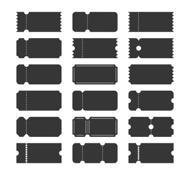 Boş geometrik bilet seti vintage etiketleri, siyah vektör kupon şekilleri satış elementleri, film konseri olay şablonları