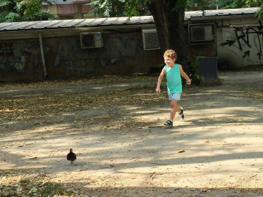 Genç çocuk parkta güvercinle oynuyor.