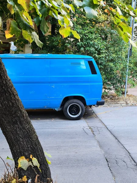 Caddeye park edilmiş klasik mavi bir minibüs.