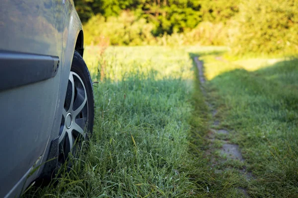田舎の草と地面に車のホイール。車は自然のクローズ アップです。車での観光旅行 — ストック写真