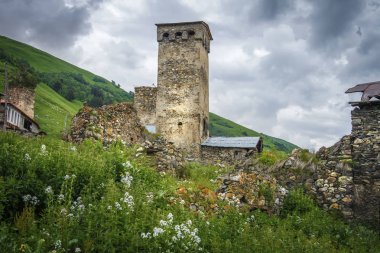 Antik eski Svan kulede yeşil çimenli tepe, Gürcistan'daki Svaneti bölgesi üzerinde dağ köyü.