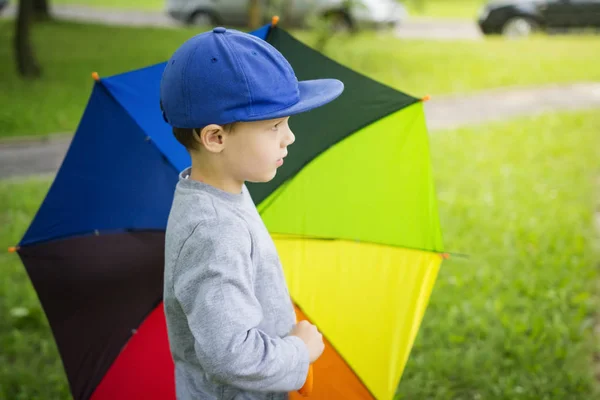 화창한 여름날에 비 후 공원에서 여러 가지 빛깔의 우산 모자에 작은 소년 — 스톡 사진