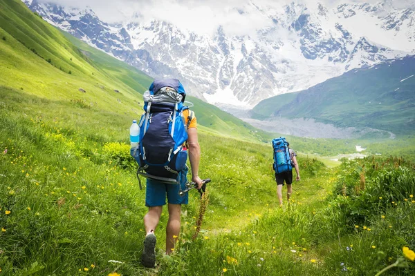 Turistas com mochilas em trilha de caminhada caminham ao longo de colinas verdes em terras altas. Caminhadas nas montanhas. grupo de turistas caminhadas para a montanha. Lazer. Férias nas montanhas. Aventuras no Cáucaso — Fotografia de Stock