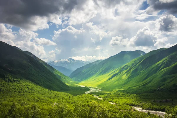 Paisaje alpino. Maravilloso paisaje montañoso de las tierras altas de Svaneti en un día soleado y brillante. Hermosas montañas y colinas georgianas del Cáucaso. Increíble vista de la colina cubierta de hierba a la luz del sol —  Fotos de Stock