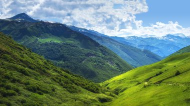 Caucasus doğa manzara gün güneşli yaz. Yeşil vadi. Çim kaplı tepeler. Svaneti, Gürcistan'daki sahne dağları. Alp Vadisi. Harika Yaylaları. Mavi gökyüzü karşı Mountain menzili.