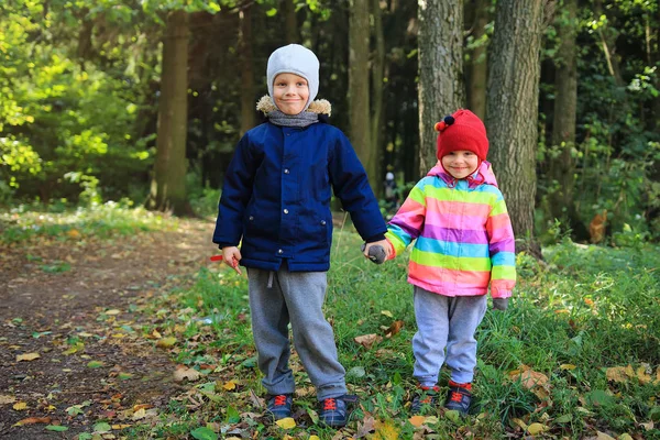 孩子们的友谊。孩子们站在一起, 牵手在秋园里。小男孩和女孩的朋友。哥哥和妹妹一起在公园里散步. — 图库照片