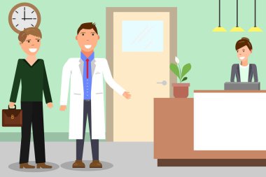 Hastanede muayene. Genç görüşmeler klinik salonunda hasta ile doktor. İnsanlar hastane resepsiyonda