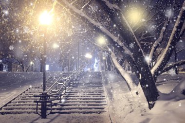Fenerler ve kar taneleri ile gece kış park. Şehir Parkı akşam içinde kar yağışı.