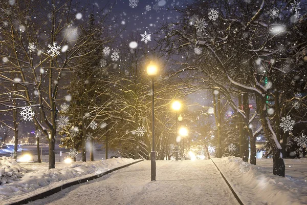 Akşam kış kar yağışı parkta. Noel zamanı. Kar taneleri ve fenerler gece Park — Stok fotoğraf