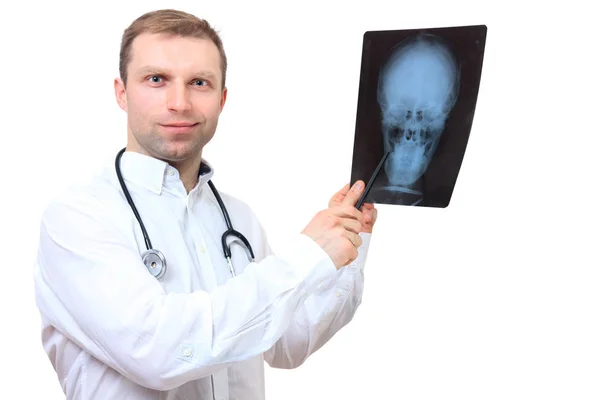 Доктор з рентгенівським випромінюванням голови ізольовано на білому тлі — стокове фото