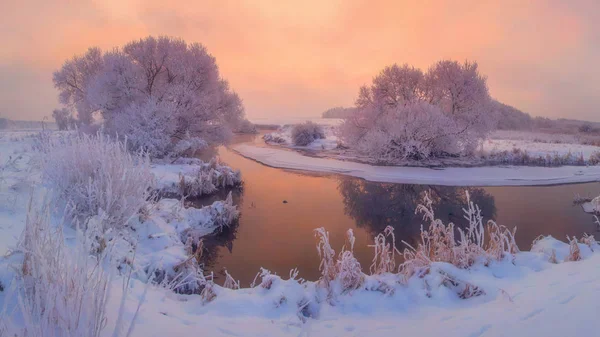 Zimní ráno. Malebné zimní krajina při západu slunce — Stock fotografie