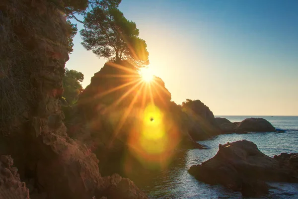 Salida del sol panorámica en la costa del mar en España, Costa Brava — Foto de Stock