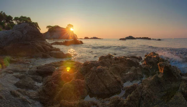 Spaniens kust i Costa Brava. Morgon Seascape Rocky Beach i llor — Stockfoto