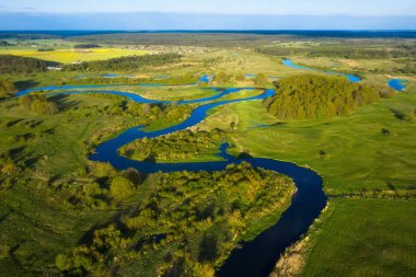 Yeşil çayırda kavisli nehir. Güneşüzerindeki nehir doğasının havadan görünümü