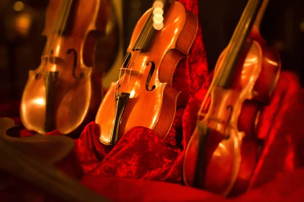 Klasyczne instrumenty muzyczne skrzypiec na czerwonym aksamitnym oświetlone przez — Zdjęcie stockowe