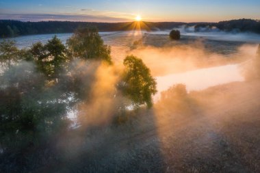 Yaz manzaralı hava manzarası. Sisli bir sabah. Güneşin altında sisli bir nehir. Doğa manzarası.