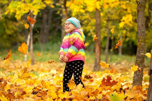 Sfondo Autunnale Foglie Cadute Bambina Vomita Foglie Gialle Allori Bambino — Foto Stock