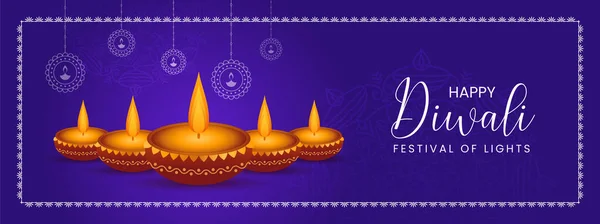 Beautiful Happy Diwali Festival Banner Design with Glowing Diya Vector Decoration