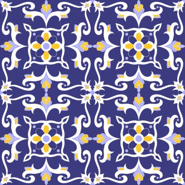 Meksika kiremit tasarlamak vektör çiçek motifleri ile sorunsuz. Portekizce azulejo, talavera, İtalyan, Fas, İspanyol Mayolikası tasarım. Puebla baskı için masa örtüsü, arka plan veya seramik döşeli.
