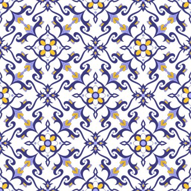 Meksika kiremit tasarlamak vektör mavi, sarı ve beyaz süslemeli. Portekizce azulejos, talavera, delft Hollandalı, İspanyol veya İtalyan Mayolikası motifler. Duvar kağıdı, seramik veya kumaş kiremitli arka plan.