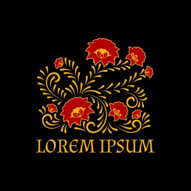 Vintage çiçek logo vektör. Altın khokhloma süsleme ile Retro kırmızı çiçek amblem. Lüks etiket zanaat nakış needlewoman kimlik, Rus Restoran, gözleme Cafe, sanat Hatıra Hediyelik Dükkanı.