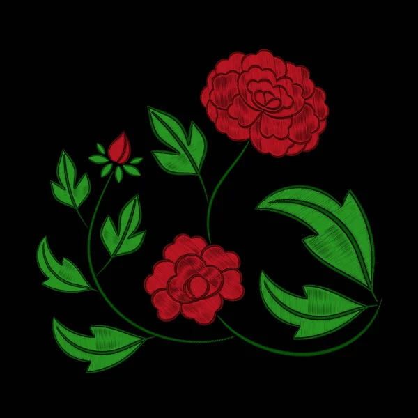 ビンテージ花刺繍パターン ベクトル 赤い牡丹の花ステッチ飾り印刷黒の背景上に分離します テキスタイル パッチ デザイン毛布 テーブル クロスやナプキン ピローケース ファッション衣類 — ストックベクタ