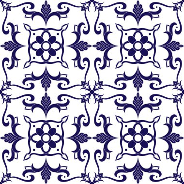 Meksika kiremit tasarlamak vektör mavi ve beyaz süslemeli. Portekizce azulejo, talavera, İspanyol, İtalyan Mayolikası, delft Hollandalı veya Fas motifler. Duvar kağıdı, seramik veya kumaş kiremitli arka plan.