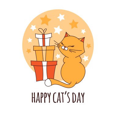 Mutlu kedi gün illüstrasyon vektör. Sevimli çizgi gülümseyen ve hediyeler ile yavru kedi. Evde beslenen hayvan Doğum günü davetiyesi, poster, Bebek için yazdırma t-shirt, duvar kağıdı, afiş veya kart.