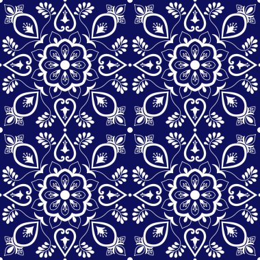 Meksika tasarlamak vektör mavi ve beyaz süslemeli döşeme. Portekizce azulejo, puebla talavera, İspanyol, İtalyan Mayolikası veya delft Hollandalı motifler. Duvar kağıdı, seramik veya kumaş kiremitli arka plan.