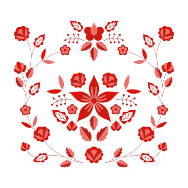 Polonya Halk tasarlamak vektör. Çiçek etnik süsleme. Slav Doğu Avrupa Yazdır. Bohem yastık kılıfı, moda boho nakış giyim, çingene iç kumaş, ipek eşarp için kırmızı çiçek tasarım.