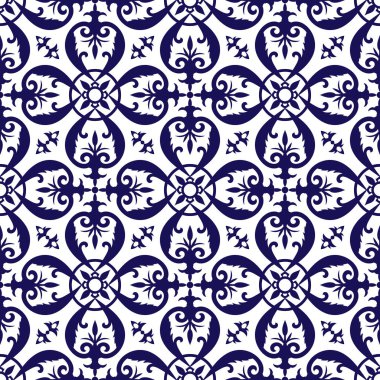 Delft dutch tile pattern vector with blue and white ornaments. Portuguese azulejo, mexican talavera, spanish or italian majolica motifs. Tiled background for wallpaper, tablecloth, ceramic or fabric. clipart
