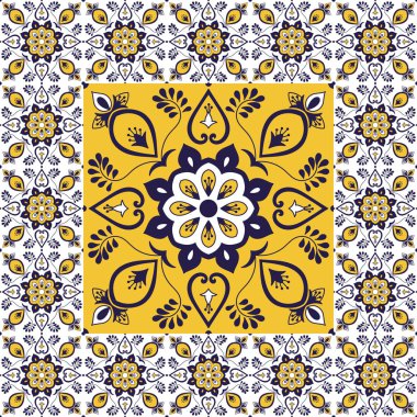 Portekizce tasarlamak vektör ile porselen süsleme doku döşer. Büyük Merkezi öğesinde çerçeveli. Seramik azulejo, Meksikalı talavera, İspanyol, İtalyan Mayolikası, Fas motifleri ile arka plan.