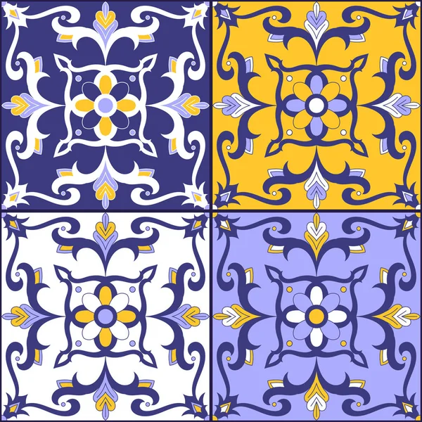 Éléments Carreaux Portugais Vecteur Avec Des Motifs Fleurs Italien Azulejo — Image vectorielle