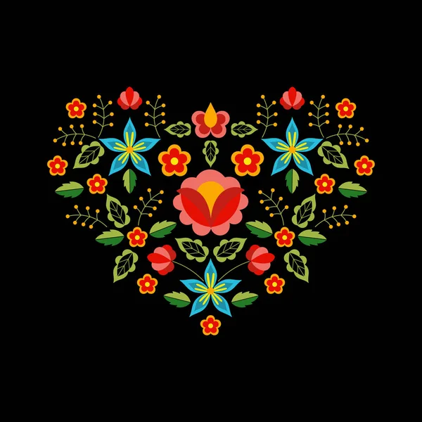 ポーランドの民俗パターン ベクトル 花の民族飾り スラブの東ヨーロッパの印刷 自由奔放に生きるバレンタイン カード 自由奔放なピローケース ネックラインの刺繍 ジプシー インテリア繊維心花のデザイン — ストックベクタ