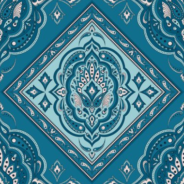 Çiçek Hint desenli desenli vektör sorunsuz sınır. Vintage çiçek etnik süsleme eşarp bandana baskı kumaş. Farsça Halı, boho yatak Tekstil, battaniye, yastık, yorgan için oryantal halk tasarım.