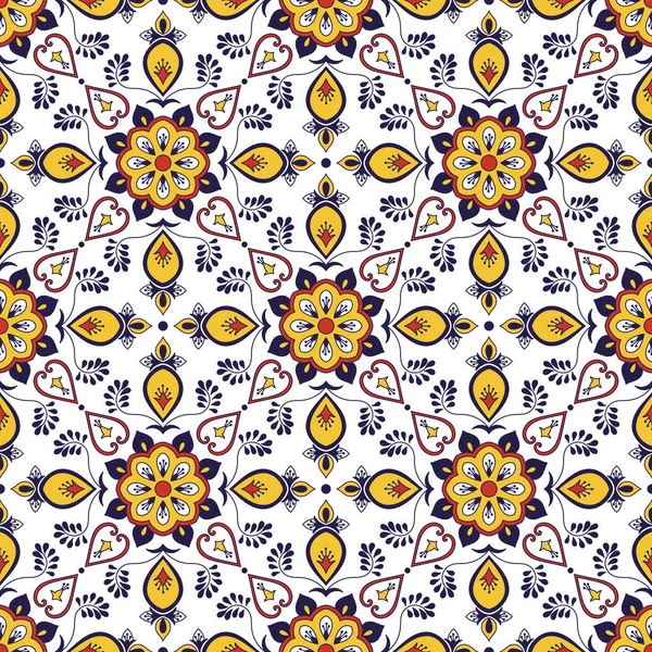 İspanyolca model sorunsuz vektör çiçek süslemeli döşeme. Portekizce azulejo, Meksikalı talavera, İtalyan Mayolikası, Fas motifler. Mutfak Masa örtüsü veya banyo seramik döşeme karo doku.
