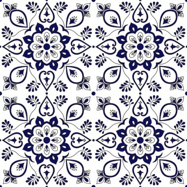 Portekizce tasarlamak vektör mavi ve beyaz süsler ile sorunsuz döşeme. İspanyol azulejo, Meksikalı talavera puebla, İtalyan Mayolikası veya delft dutch. Duvar kağıdı, seramik veya kumaş kiremitli arka plan.