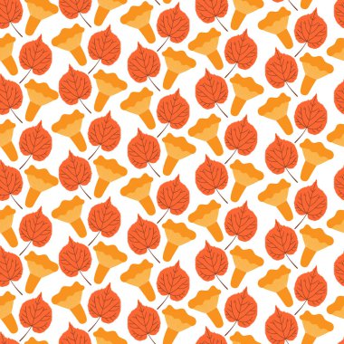 Sonbahar Orman tasarlamak vektör sorunsuz. Chanterelles mantar ve kavak yaprakları arka plan. Sonbahar renkli baskı için Mevsimlik afiş, çocuk duvar kağıdı, kağıt veya Şükran günü kartı şablonu kaydırma.