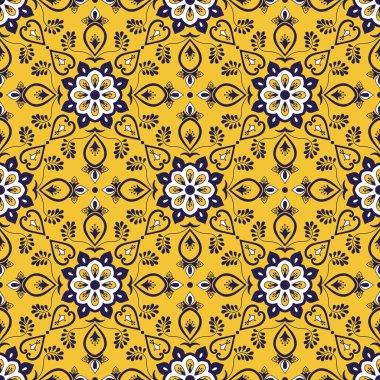 Meksikalı model sorunsuz vektör mozaiği süsler ile döşeme. Portekizce azulejo, puebla talavera, İtalyan Mayolikası, İspanyol motifleri. Mutfak Masa örtüsü veya banyo seramik döşeme karo doku.