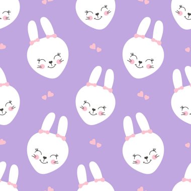 Şirin bebek modeli ile küçük tavşan. Karikatür hayvan baskı vektör kız beyaz tavşan yüzleri ile sorunsuz. Çocuk giyim, battaniye kumaş, kreş Tekstil, Prenses Doğum günü partisi için leylak arka plan.