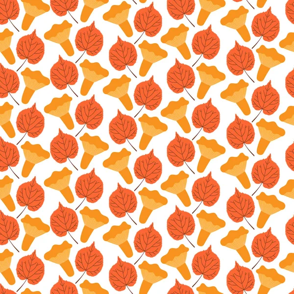 Sonbahar Orman tasarlamak vektör sorunsuz. Chanterelles mantar ve kavak yaprakları arka plan. Sonbahar renkli baskı için Mevsimlik afiş, çocuk duvar kağıdı, kağıt veya Şükran günü kartı şablonu kaydırma.