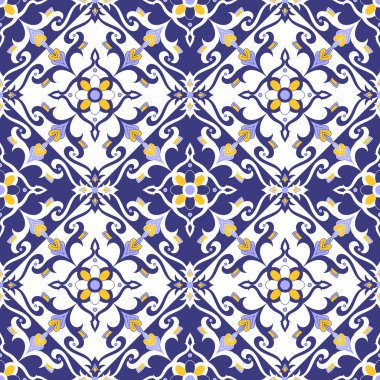 Portekizce tasarlamak vektör mavi, sarı ve beyaz süslemeli döşeme. Azulejos, Meksika talavera, delft Hollandalı, İspanyol veya İtalyan Mayolikası motifler. Duvar kağıdı, seramik veya kumaş kiremitli arka plan.